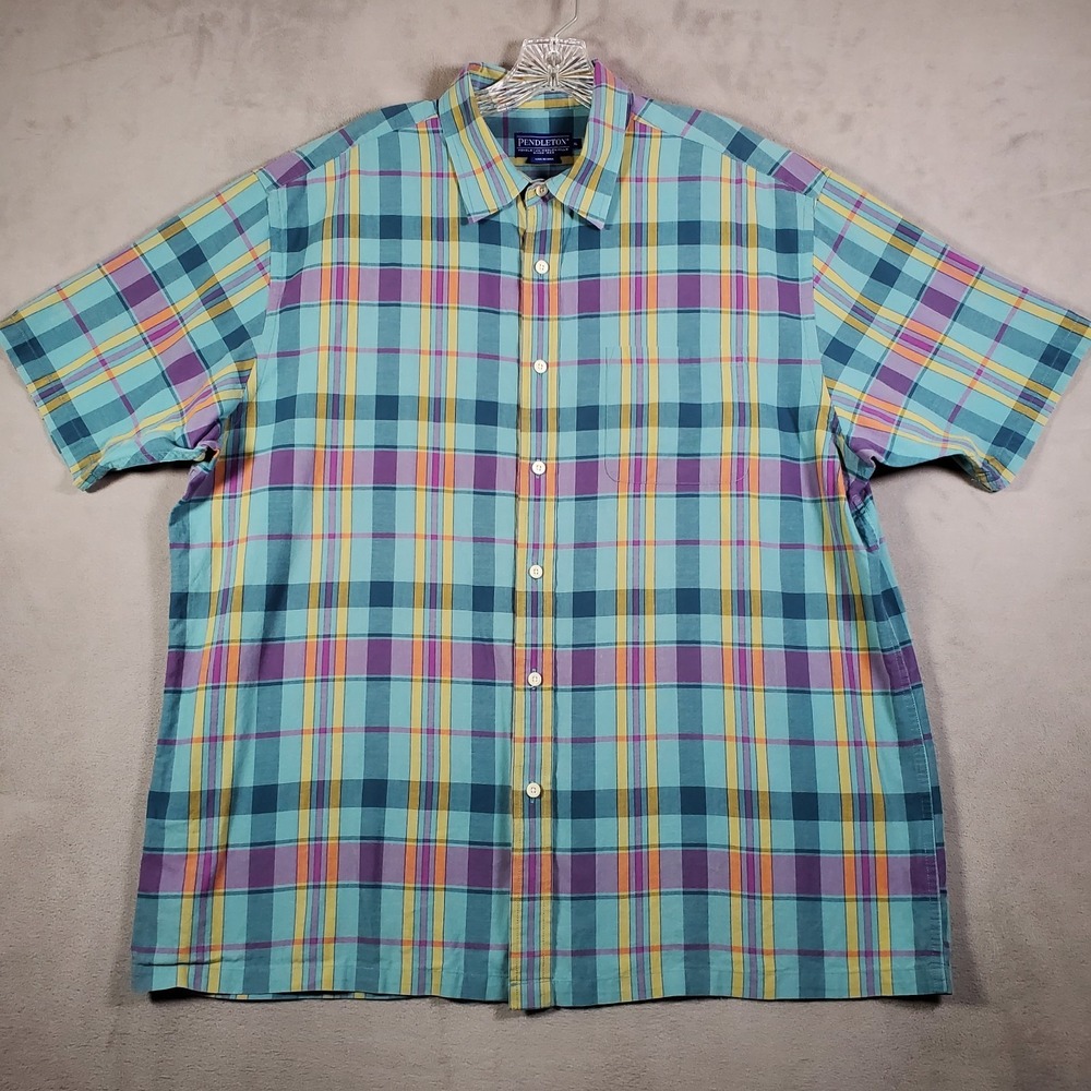 Pendleton Shirt Mens XL Green‎ Pink Plaid Short Sleeve Button Preppy Classic Dad